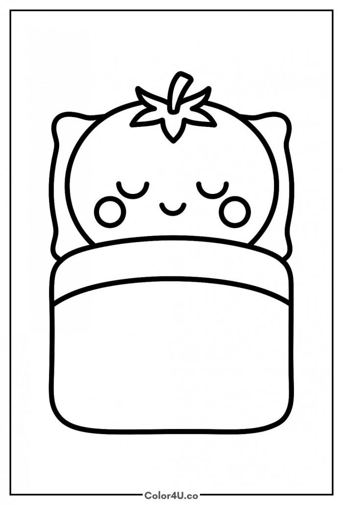 Sleepy kawaii tomato under a blanket coloring page