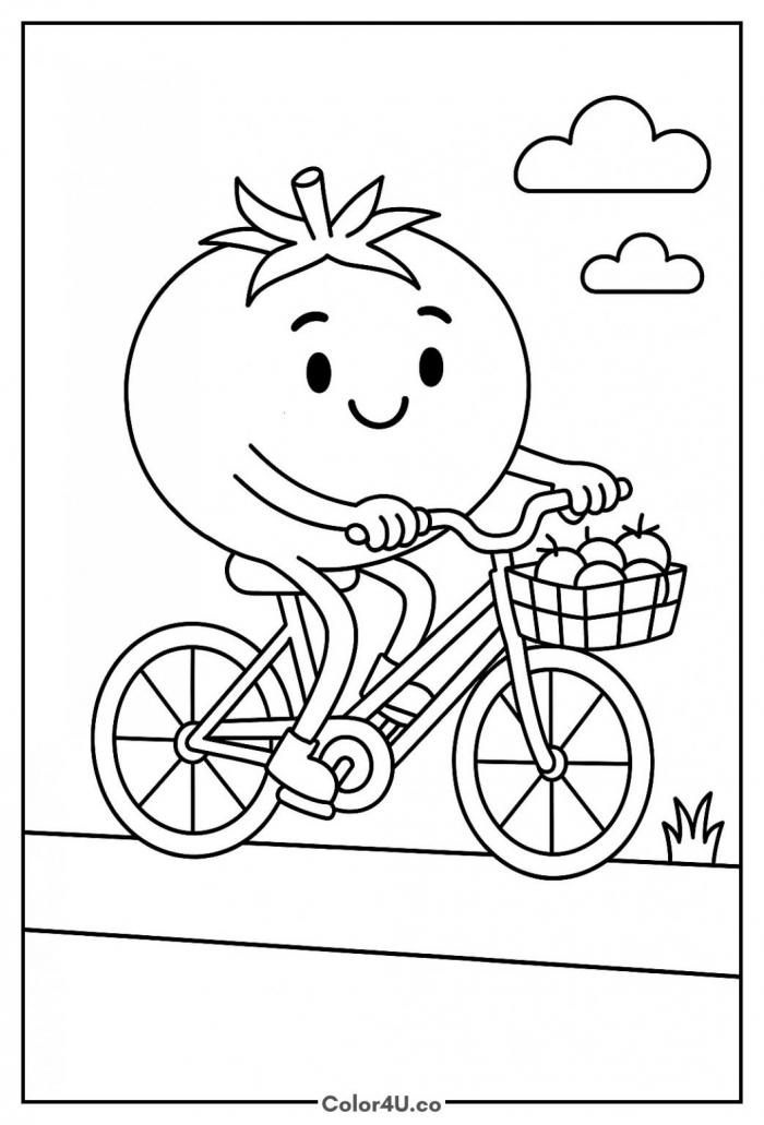 Tomato riding a bicycle coloring page
