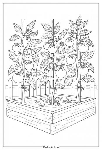 Tomato Garden Bed with Stakes coloring page