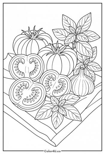 Tomatoes and Basil Still Life coloring page