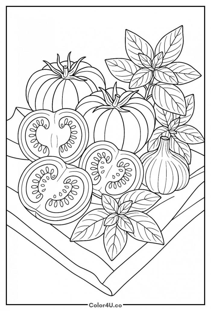 Tomatoes with basil and garlic still life coloring page