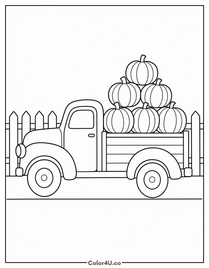 Vintage truck loaded with pumpkins coloring page