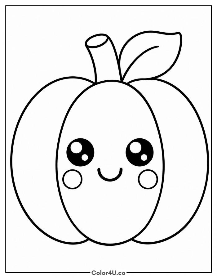 Smiling kawaii pumpkin with big eyes, easy pumpkin coloring page, free printable