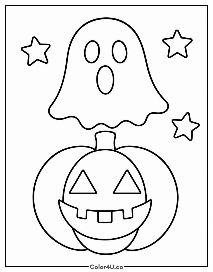Ghost floating above a jack-o-lantern, easy pumpkin coloring page, free printable