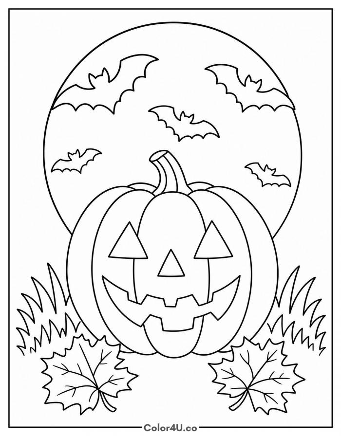 Jack-o-lantern in front of a full moon with bats, medium pumpkin coloring page, free printable