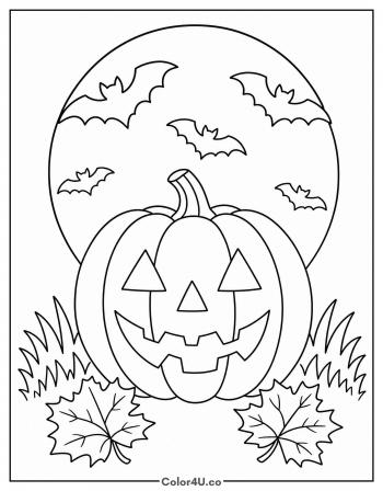 Jack-o-Lantern Under a Bat Filled Moon coloring page