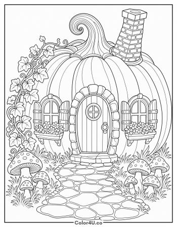 Pumpkin Cottage with a Round Door coloring page