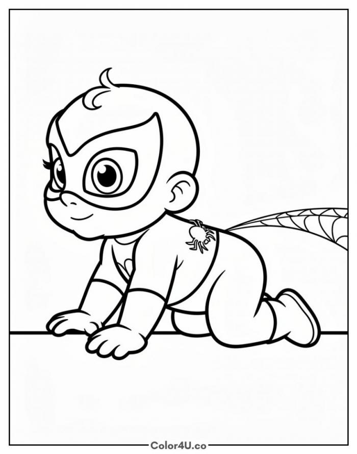 Baby Spider-Man crawling in a spider onesie, easy coloring page, free printable