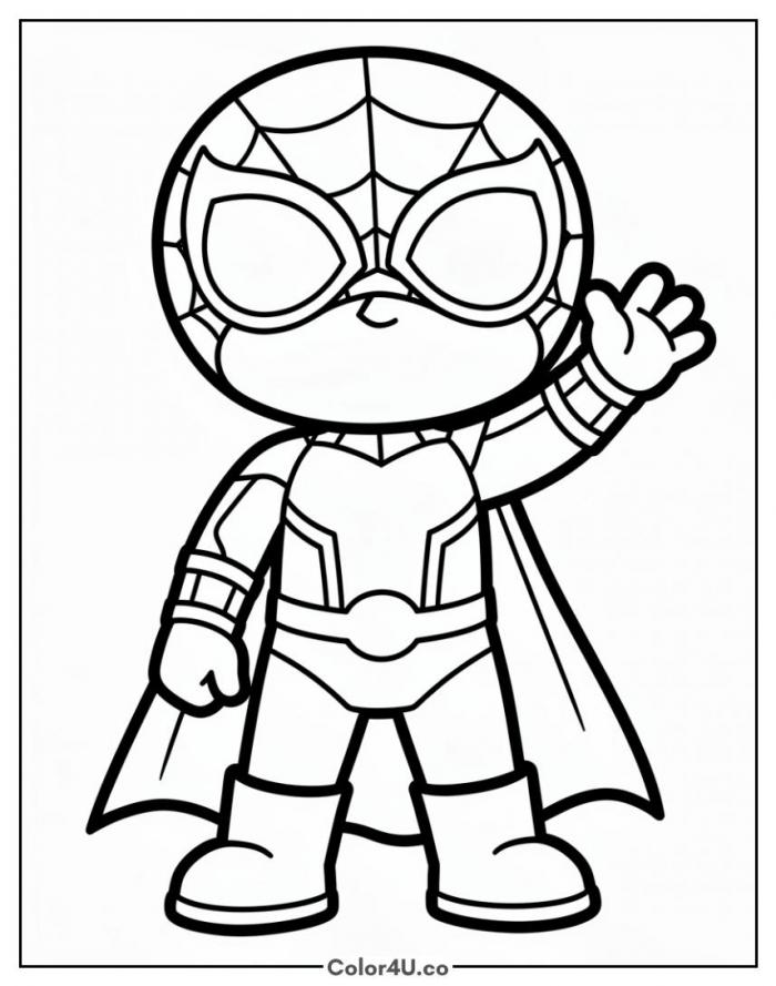 Chibi Spider-Man waving with a cape, easy coloring page, free printable