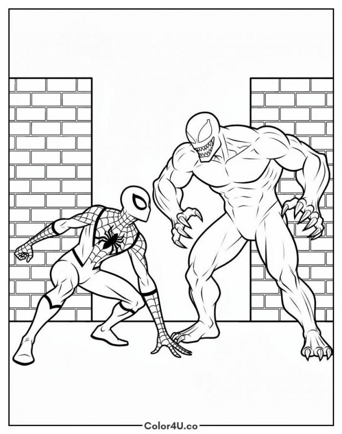 Spider-Man facing Venom in a brick alley, medium coloring page, free printable