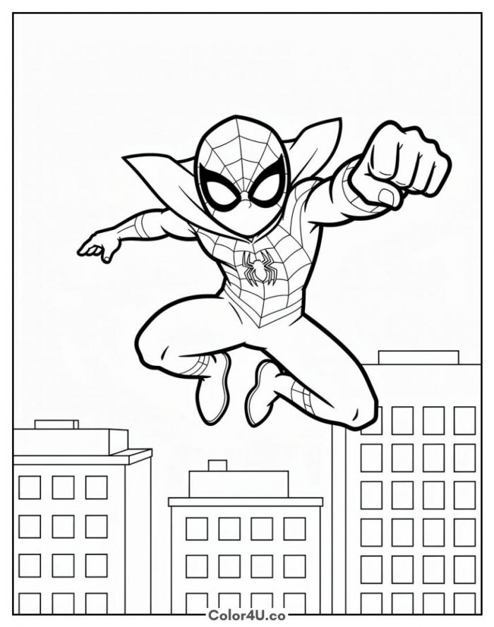 Miles Morales leaping over the city, medium Spider-Man coloring page, free printable