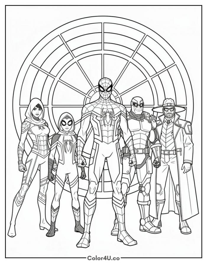 Spider-Verse team line-up of five heroes, detailed coloring page, free printable