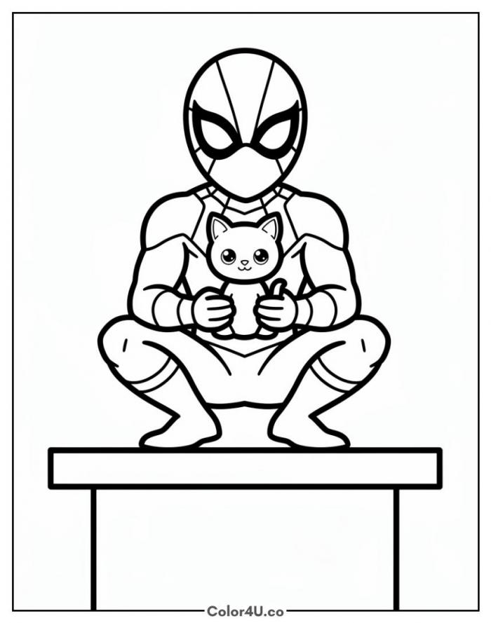 Spider-Man holding a rescued kitten on a ledge, easy coloring page, free printable