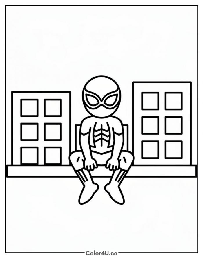 Spider-Man sitting on a rooftop ledge, easy coloring page, free printable