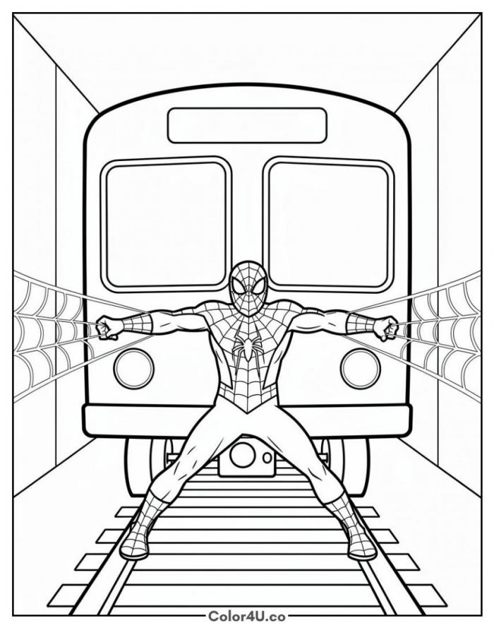 Spider-Man stopping a train in a tunnel, medium coloring page, free printable
