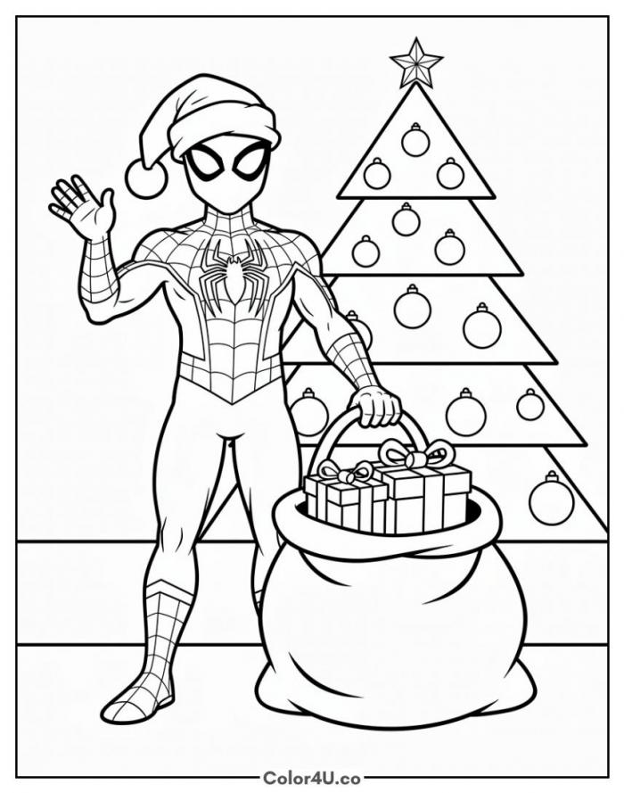Christmas Spider-Man in a Santa hat with presents, medium coloring page, free printable
