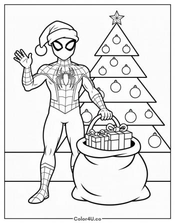 Christmas Spider-Man with a Santa Hat coloring page