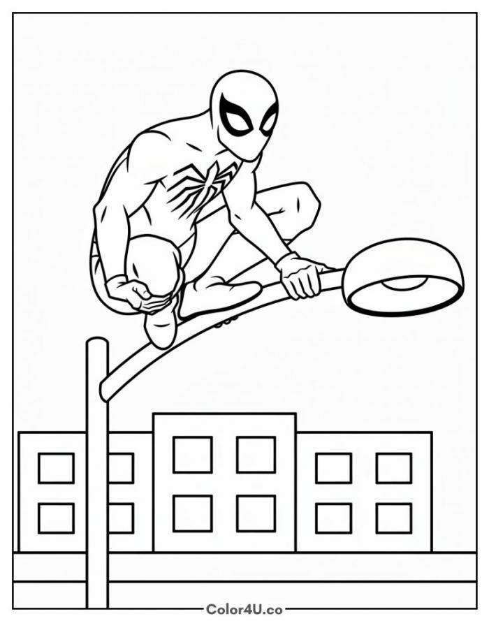 Spider-Man crouching on a streetlight above the street, medium coloring page, free printable