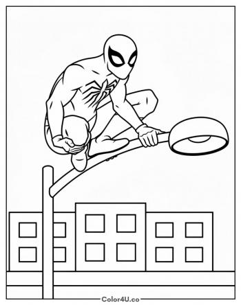 Spider-Man Crouching on a Streetlight coloring page