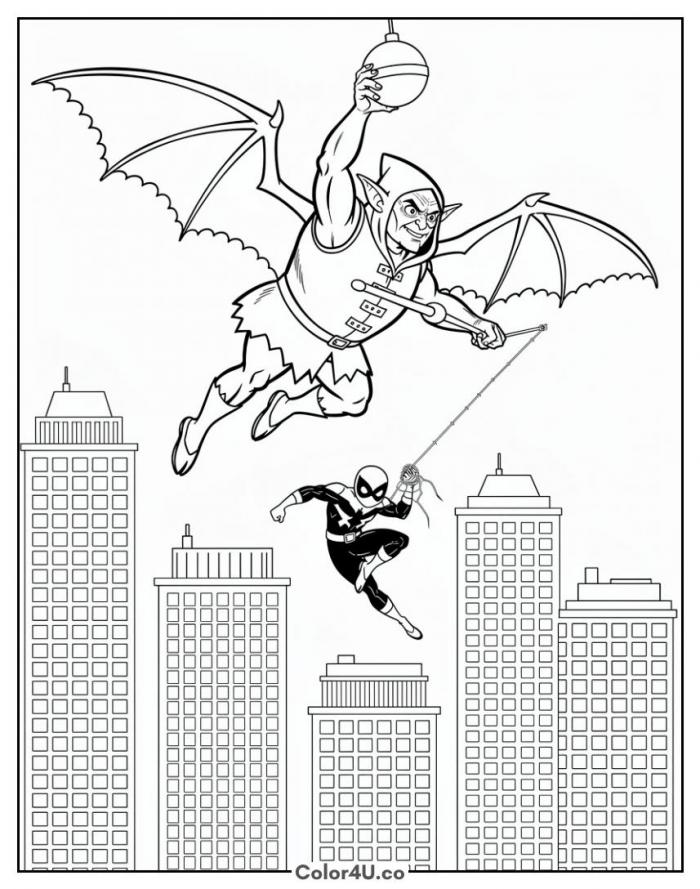 Green Goblin on his glider above the city, detailed Spider-Man coloring page, free printable