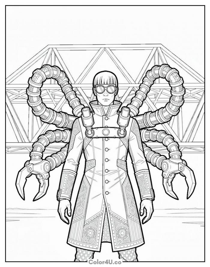 Doctor Octopus with four mechanical arms, detailed coloring page, free printable