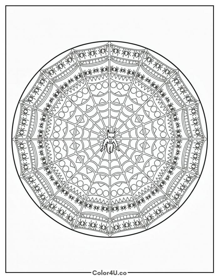 Spider web mandala with tiny spiders, detailed coloring page, free printable