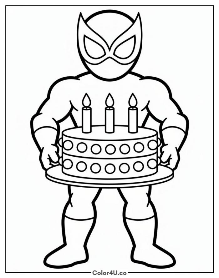Spider-Man holding a birthday cake with three candles, easy coloring page, free printable