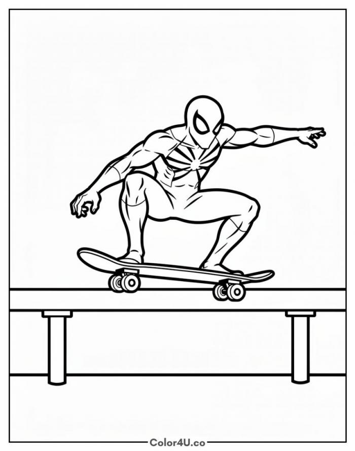 Spider-Man riding a skateboard on a rail, easy coloring page, free printable