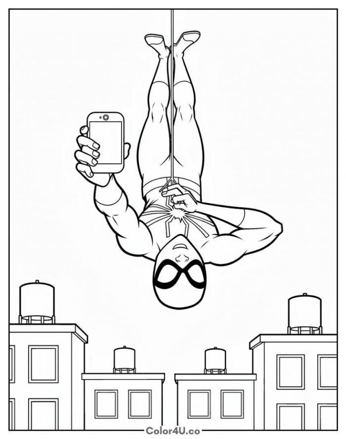 Spider-Man taking a selfie upside down above the rooftops, medium coloring page, free printable
