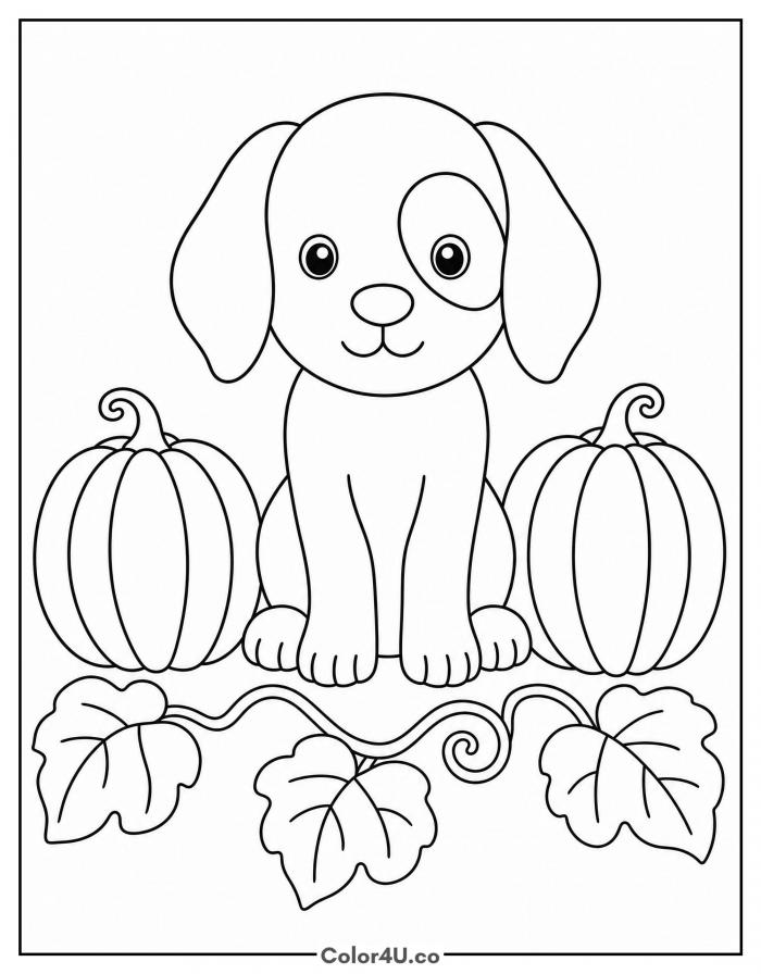 Puppy sitting between two pumpkins with vine leaves, easy coloring page, free printable