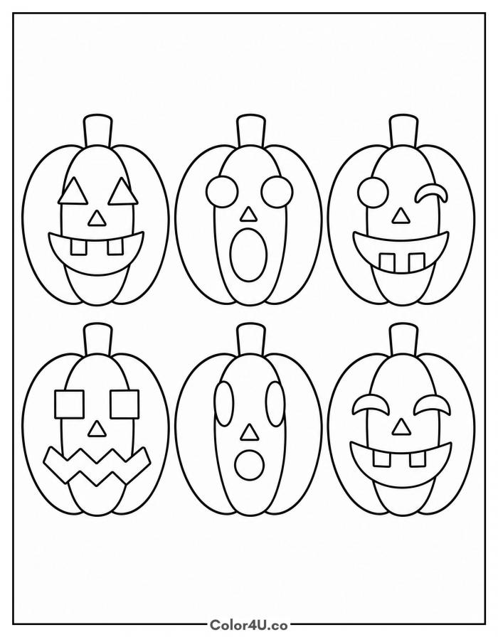 Six jack-o-lanterns with different carved faces, medium pumpkin coloring page, free printable