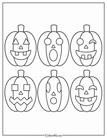 Six Silly Jack-o-Lantern Faces coloring page