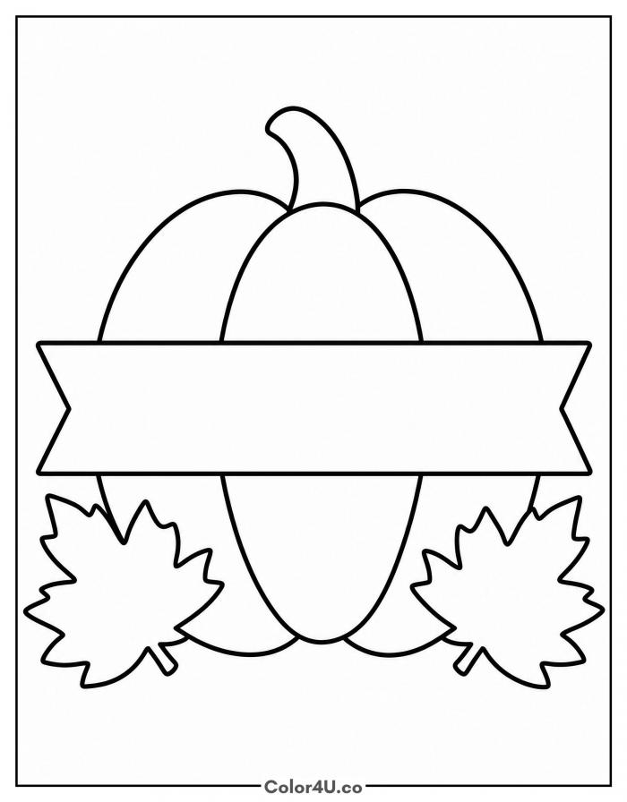 Pumpkin with blank banner and maple leaves, easy fall coloring page, free printable