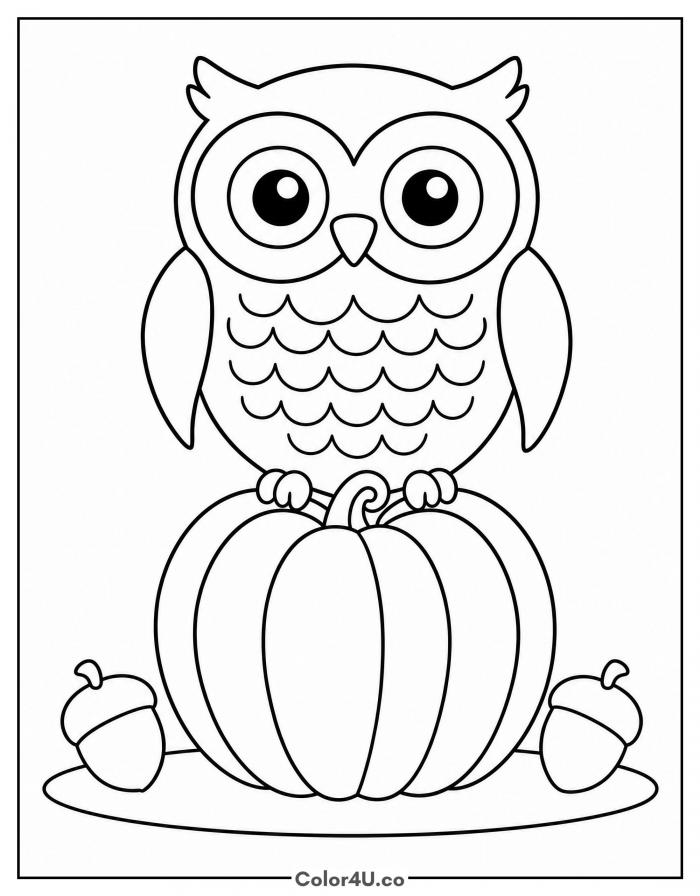 Owl perched on a pumpkin with acorns, easy fall coloring page, free printable