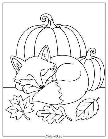 Fox Curled Beside Two Pumpkins coloring page