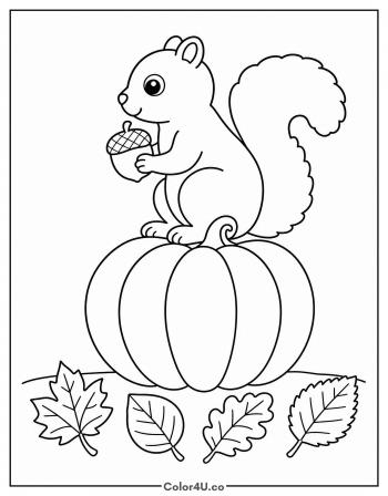 Squirrel with an Acorn on a Pumpkin coloring page