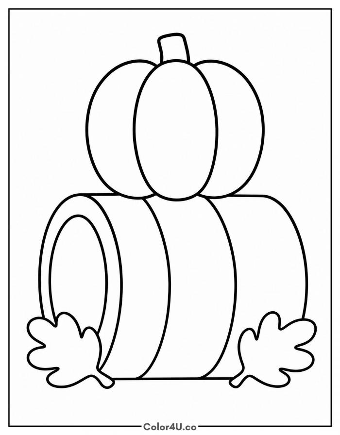 Pumpkin sitting on a round hay bale with leaves, easy fall coloring page, free printable