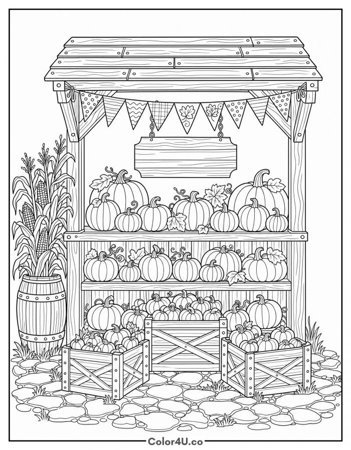 Wooden farm stand full of pumpkins with bunting, detailed coloring page, free printable