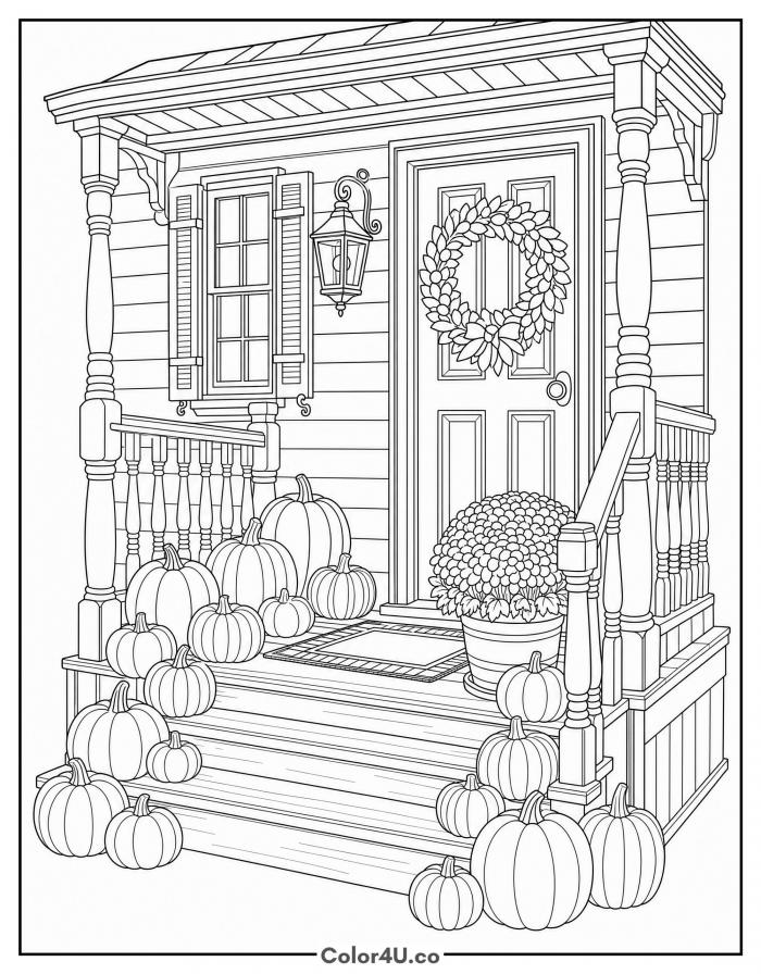 Front porch steps lined with pumpkins and a door wreath, detailed coloring page, free printable