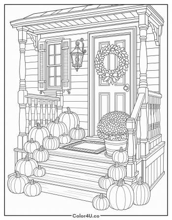 Front Porch Lined with Pumpkins coloring page