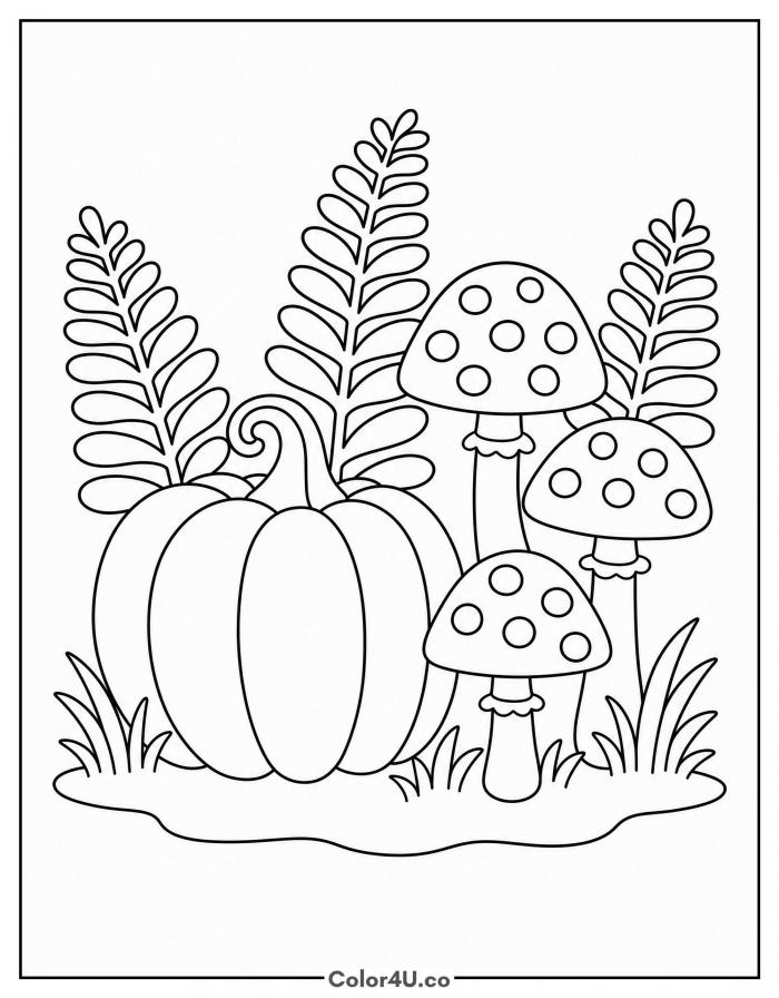 Pumpkin with three spotted toadstools and ferns, medium coloring page, free printable