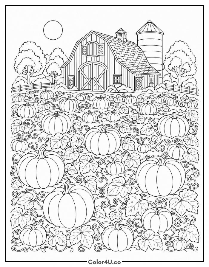 Pumpkin patch field in front of a barn and silo, detailed coloring page, free printable