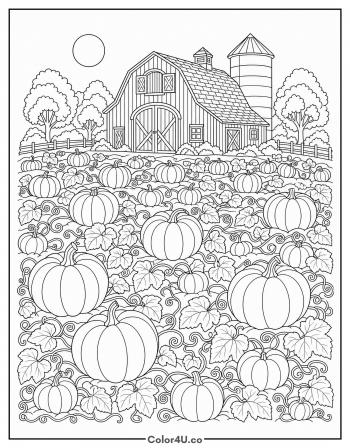 Pumpkin Patch in Front of a Red Barn coloring page