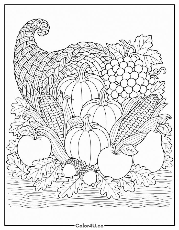 Cornucopia spilling pumpkins, corn and grapes, detailed coloring page, free printable