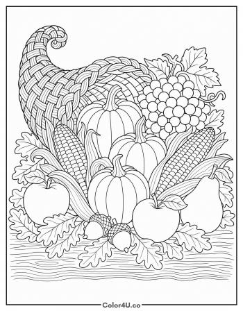 Cornucopia Spilling Pumpkins and Corn coloring page
