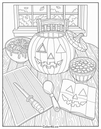 Carving the Pumpkin at the Kitchen Table coloring page