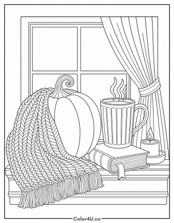 Cozy Pumpkin with Blanket and Mug coloring page