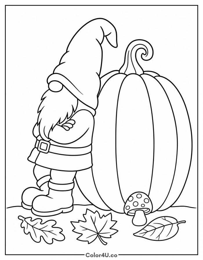 Garden gnome leaning on a big pumpkin with leaves, easy coloring page, free printable