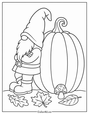 Garden Gnome Beside a Big Pumpkin coloring page