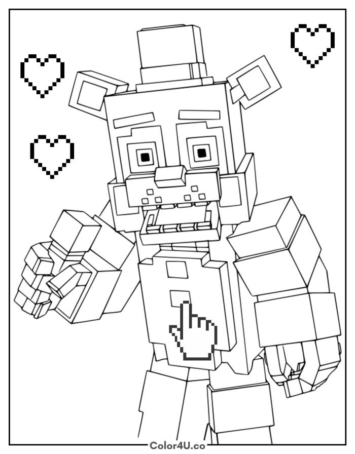 Blocky bear character with top hat and hearts, detailed Minecraft coloring page, free printable